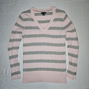 Tommy Hilfiger Womens Pink Grey Striped Cable‎ Knit V-Neck Cotton Sweater Medium